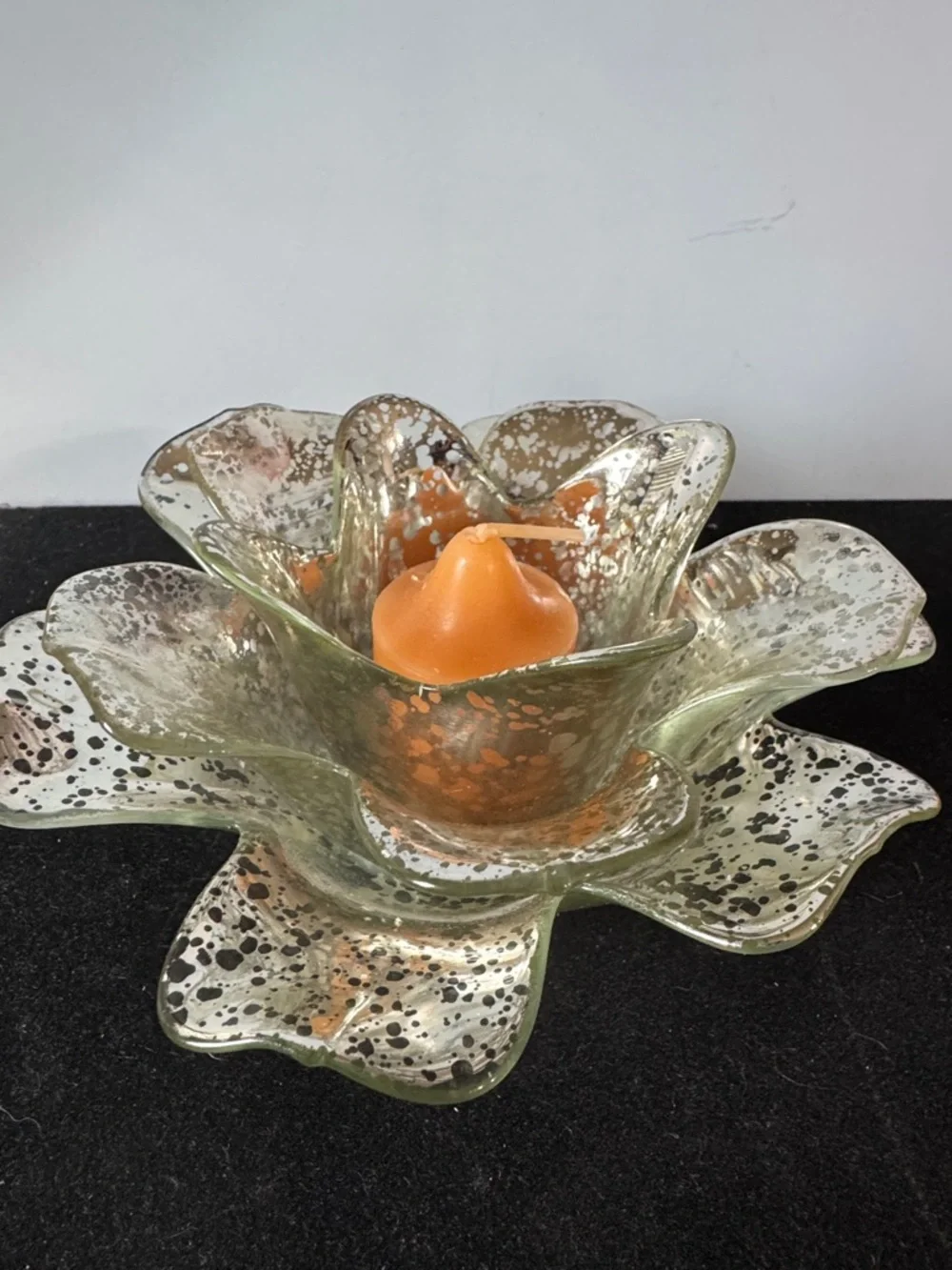 Vintage 2 piece Petal Glass Votive Candle Holder: Silver Splatter Paint Diameter